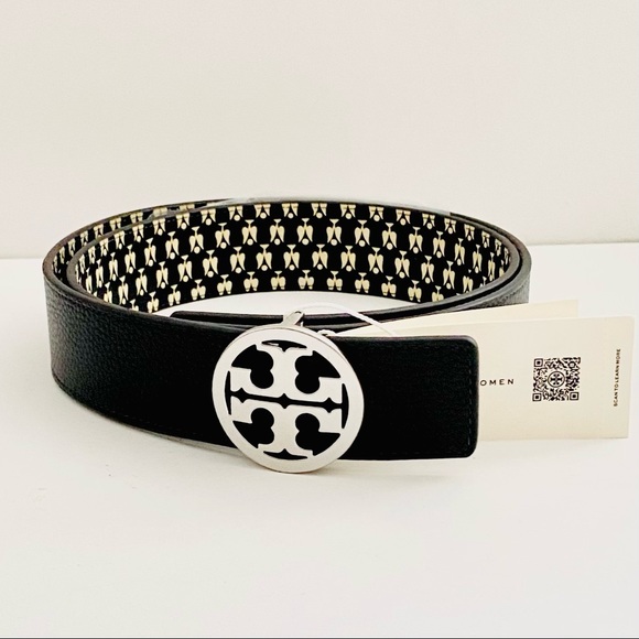 Tory Burch Accessories - NWT: TORY BURCH |  Reversible Printed Logo Belt (Black / Dark Blue with Tulips)